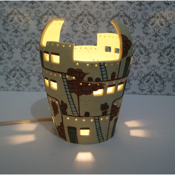 Ceramic Village Lamp with Brown and Cream Accents - Picture 2 of 10